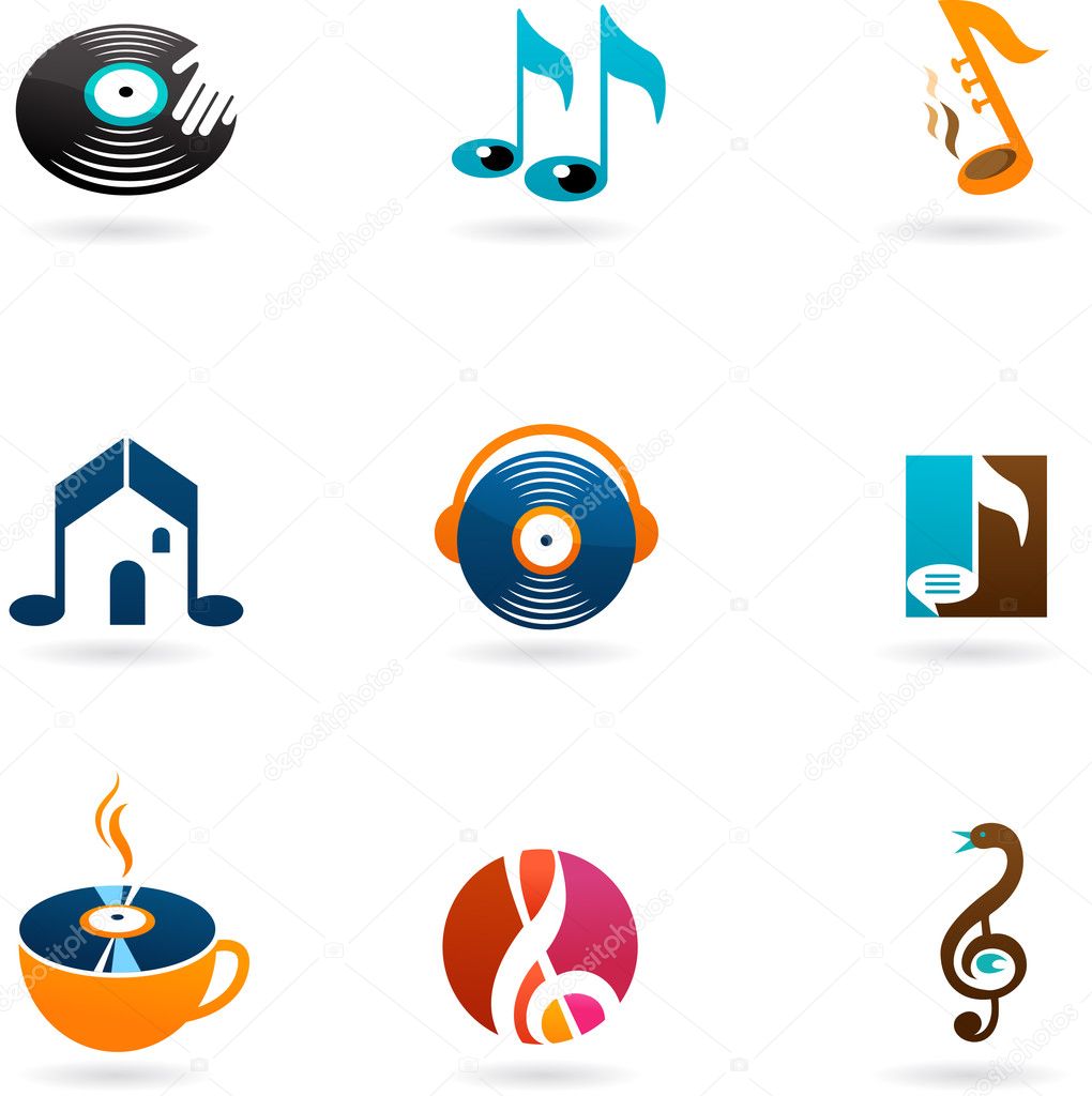 Nine colorful music icons and logos