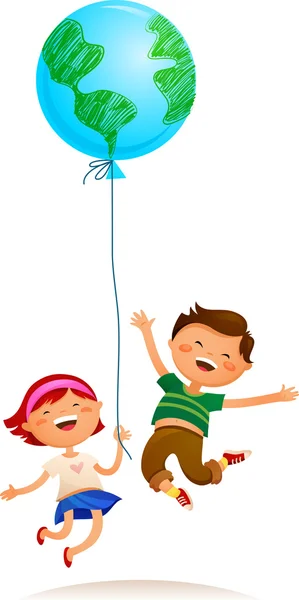 Dwoje dzieci z ziemi balon — Wektor stockowy