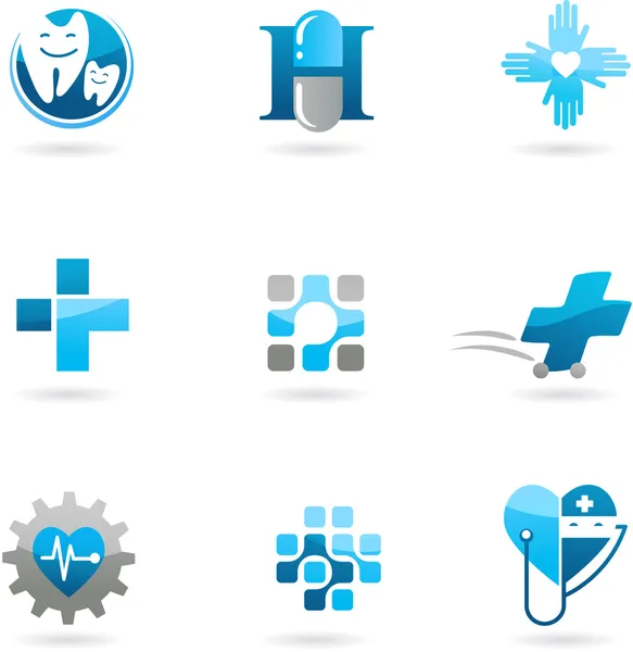 Iconos y logotipos de la medicina azul y la atención sanitaria — Archivo Imágenes Vectoriales