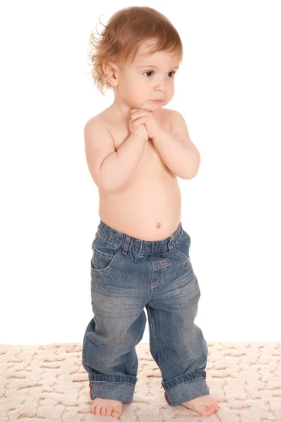 Little Boy in jeans on white — Fotografie, imagine de stoc