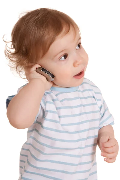 Kleine jongen praten aan de telefoon Stockfoto