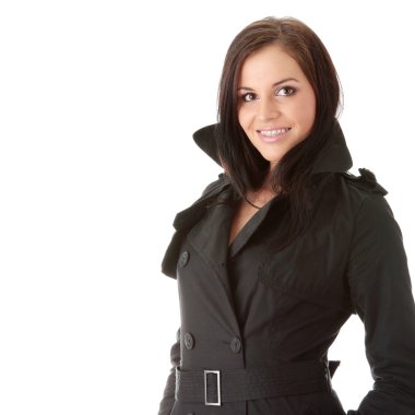 Fashion model in black coat with orthodontic app clipart