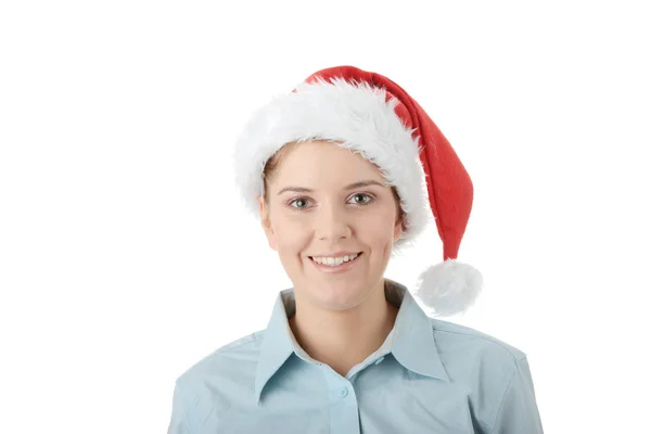 Genç iş kadını olarak Noel Baba şapkası — Stok fotoğraf