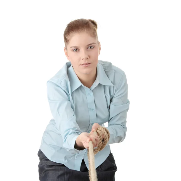 Business woman pulling the rope — Stock Photo, Image