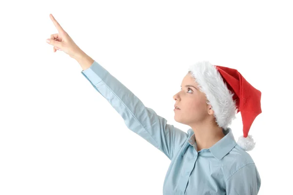 Junge Geschäftsfrau mit Weihnachtsmann-Hut — Stockfoto