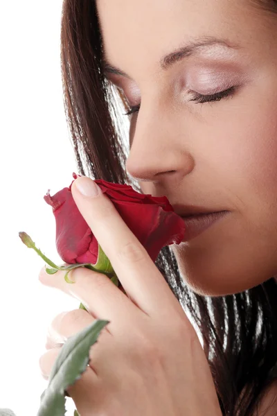 Γυναίκα με κόκκινο τριαντάφυλλο — Φωτογραφία Αρχείου