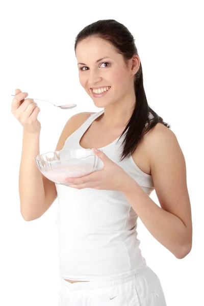 Iogurte comedor feminino — Fotografia de Stock