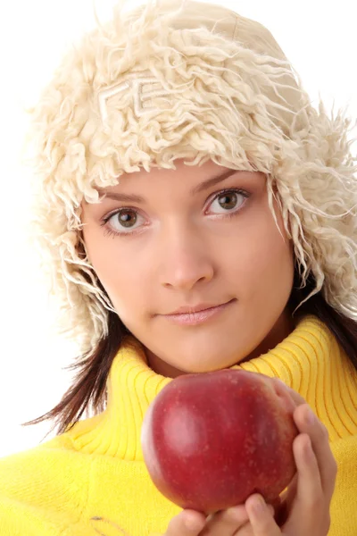 Höstens tonåring kvinna med rött äpple — Stockfoto