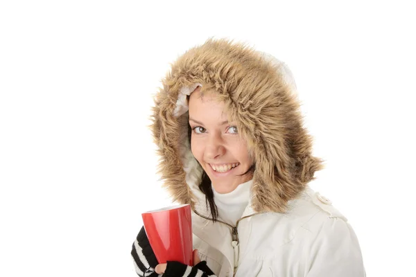 Wintermädchen mit heißer Tasse — Stockfoto