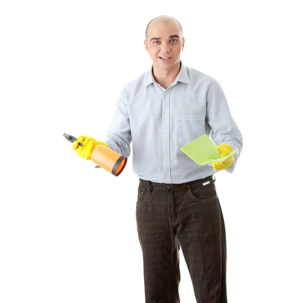 Empresário segurando um acessórios de limpeza — Fotografia de Stock