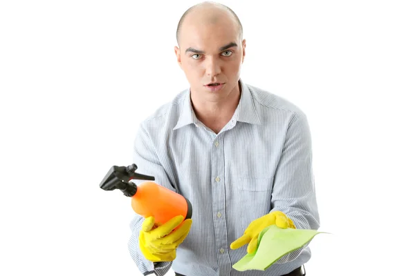 Businessman holding a cleaning accessories — Stock Photo, Image