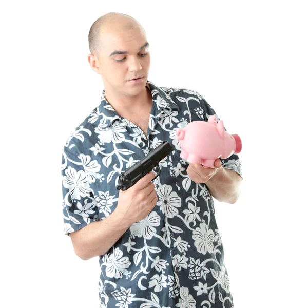 돼지 은행 총을 겨누고 있는 남자 — 스톡 사진