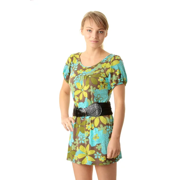 Vonzó szőke, zöld nyári ruha — Stock Fotó