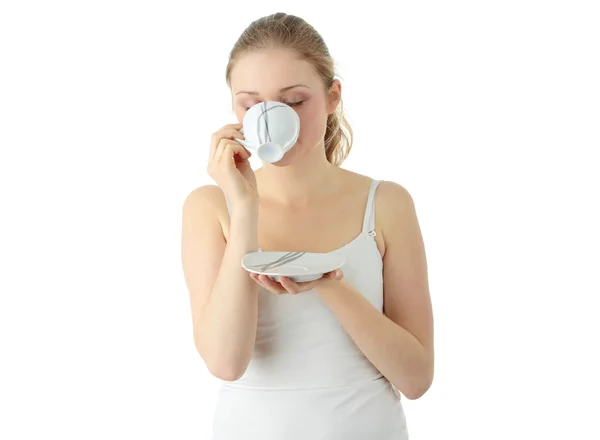 Donna bionda che beve caffè — Foto Stock