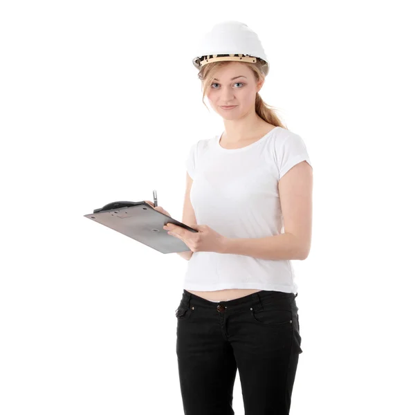 Ingénieur femme en casque blanc — Photo
