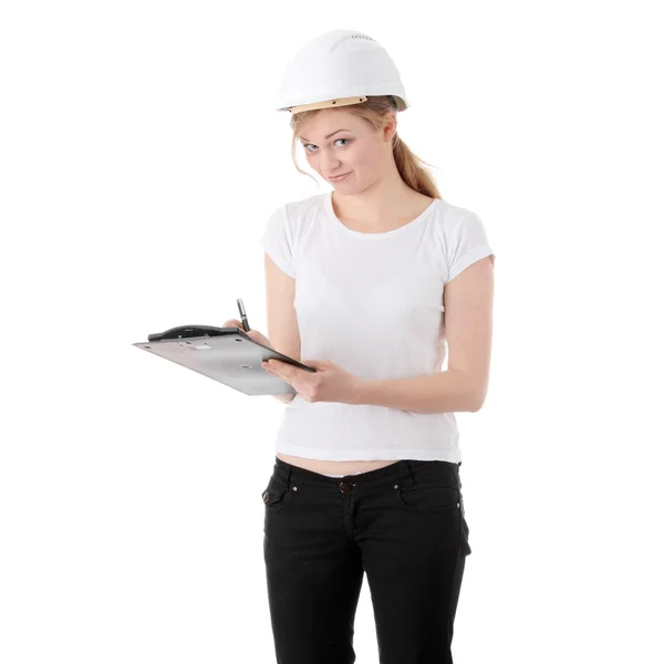 Engineer woman in white helmet — Stock Photo, Image