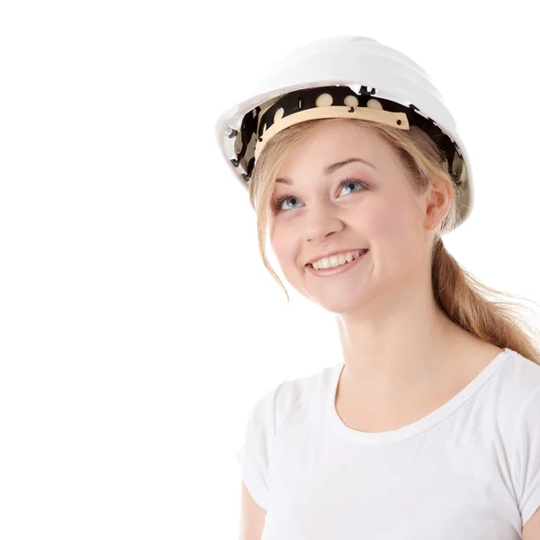 Ingenieur vrouw in witte helm — Stockfoto