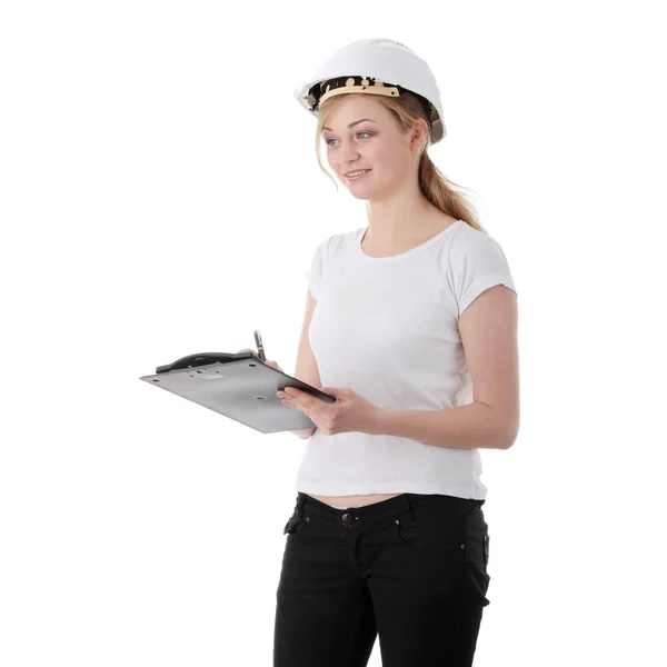 Engineer woman in white helmet — Stock Photo, Image