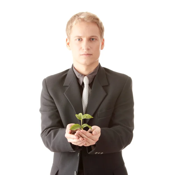 Homem de terno segurando planta smal em suas mãos — Fotografia de Stock