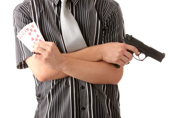 Young poker player with gun — Stock Photo, Image