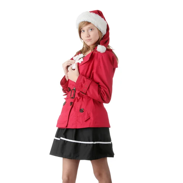 Mooi Kerstmis tiener meisje in Kerstman hoed — Stockfoto