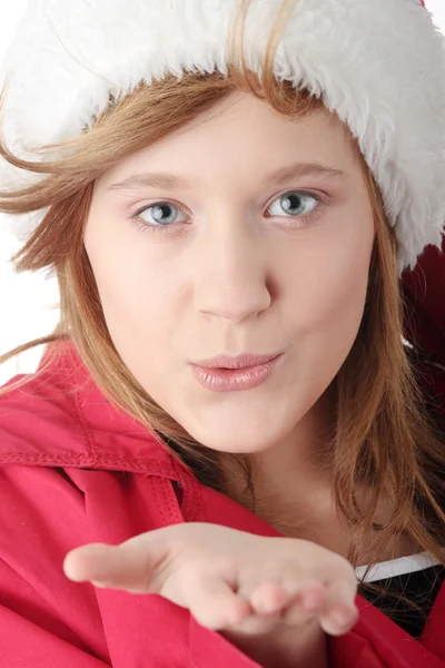 Noel Baba şapkalı güzel Noel teen kız — Stok fotoğraf