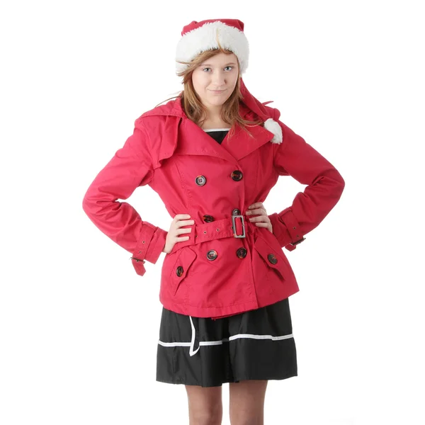Bonito Natal menina adolescente em santa chapéu — Fotografia de Stock