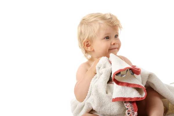 Happy baby med handduk — Stockfoto