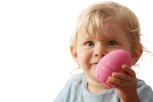 Bebé wiyh juguete rosa —  Fotos de Stock