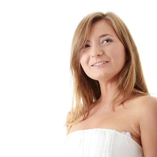 Portret van mooi meisje model in witte jurk — Stockfoto