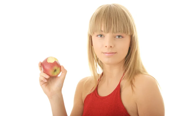 Mujer rubia joven con manzana roja —  Fotos de Stock