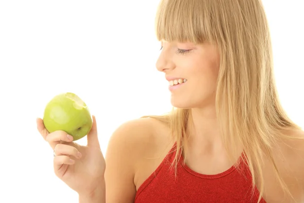 녹색 사과 함께 젊은 금발 여자 — 스톡 사진