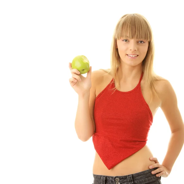 녹색 사과 함께 젊은 금발 여자 — 스톡 사진