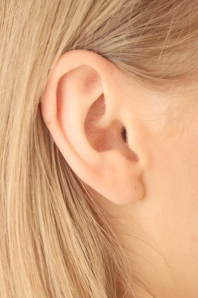 Крупный план уха блондинки — стоковое фото