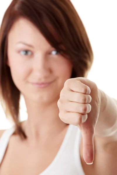 カジュアルな女性彼女の親指をダウン笑顔 — ストック写真