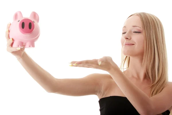 Vrouw piggy-houderbank — Stockfoto