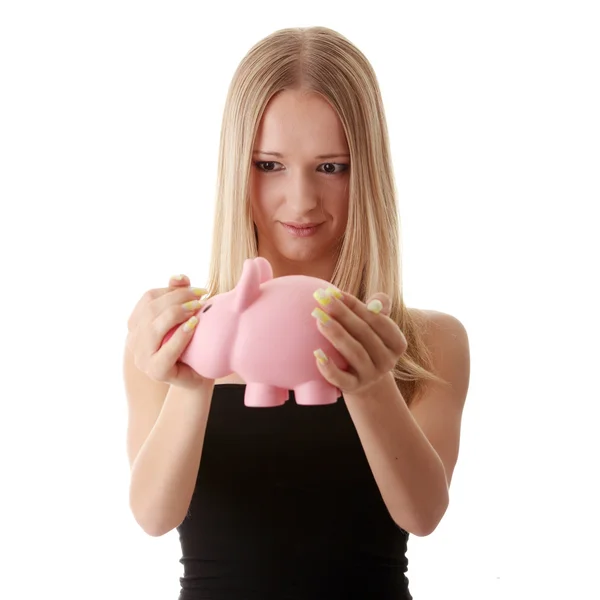 Woman holding piggy-bank — Stock Photo, Image