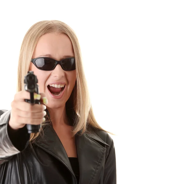 Portrait of the blonde with gun — Stock Photo, Image