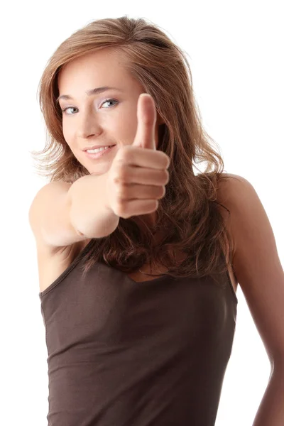 Jovem mulher mostrando polegares para cima — Fotografia de Stock