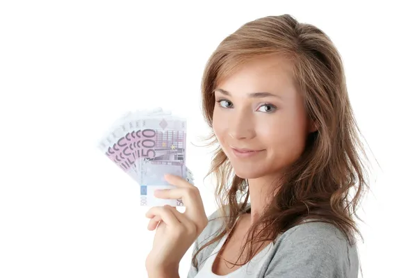 Žena držící euro peníze — Stock fotografie