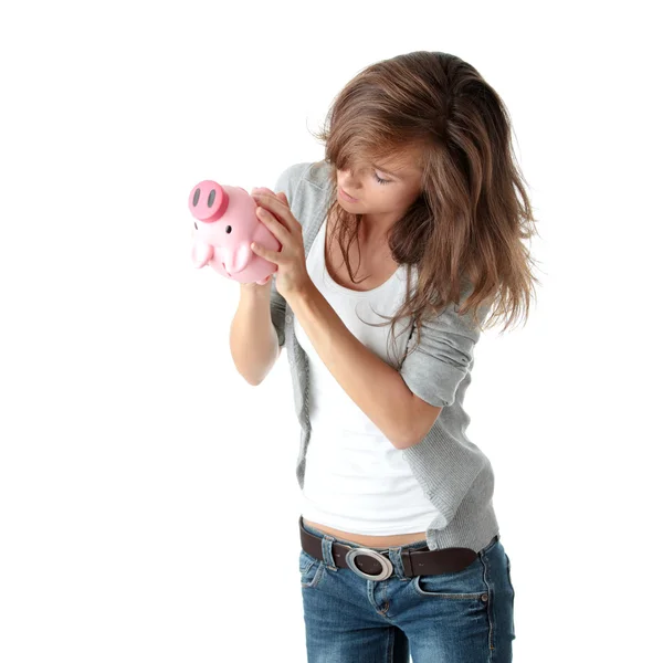 Jonge mooie vrouw permanent met piggy bank — Stockfoto