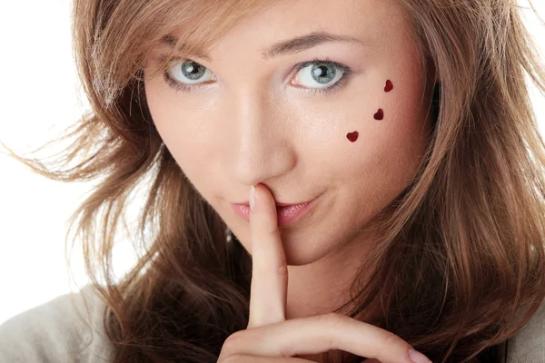 Mulher jovem Gesturing para Silêncio ou Shushing — Fotografia de Stock