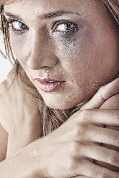 Woman in underwear crying - violence concept — Stock Photo, Image