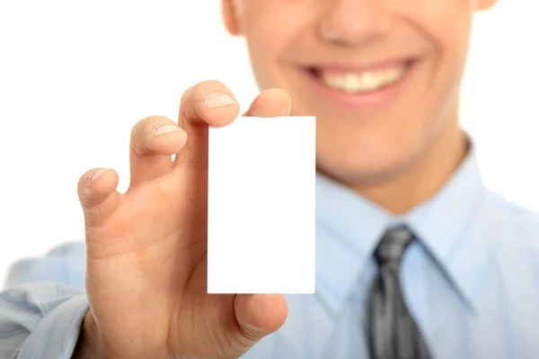 Business man with blank business card — Stock Photo, Image