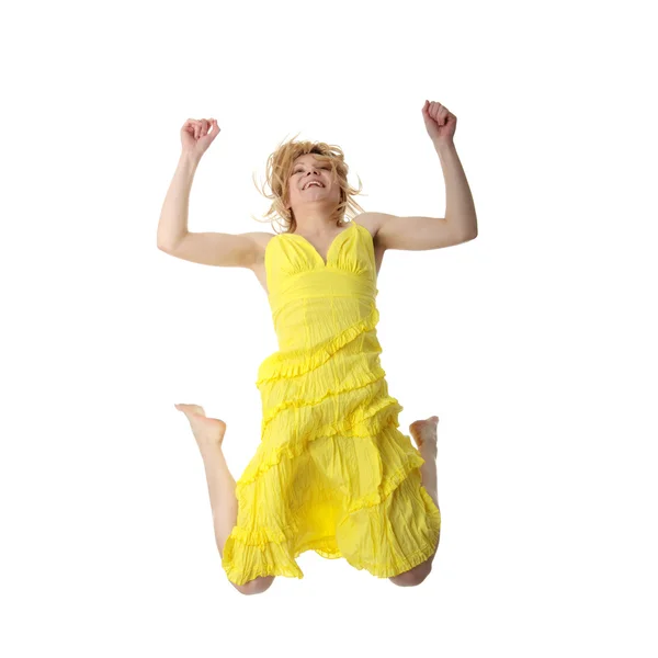 Jovem sorrindo mulher pulando — Fotografia de Stock
