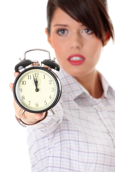 Business woman with alarm clock — Stock Photo, Image