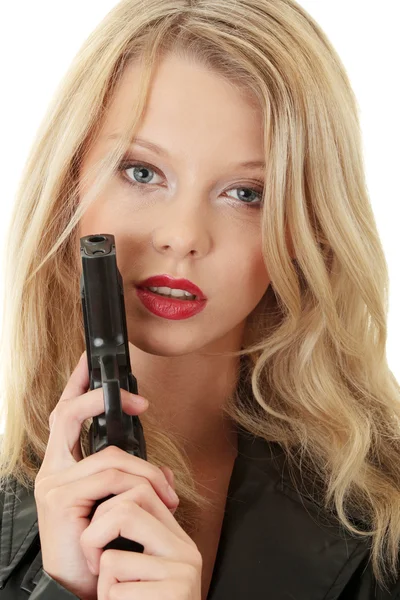 Femme blonde sexy avec arme de poing — Photo