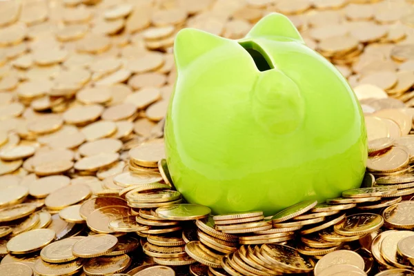 Banco porquinho verde e mar de dinheiro de ouro — Fotografia de Stock