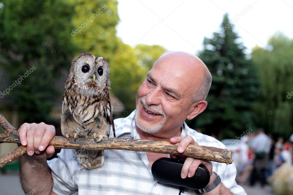 Friends, man and wise owl