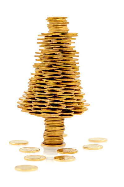 Happy Christmas tree made of gold coins